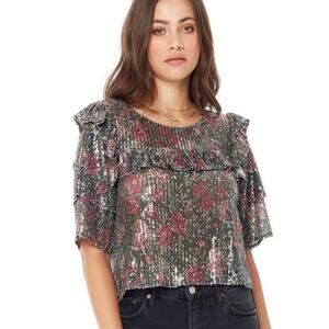 Saltwater LUXE Sequin Floral Print Ruffle Crop Top Size Small S